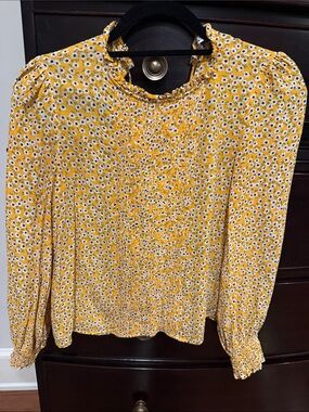 Zara Mustard Yellow Floral Smocked Long-Sleeve Blouse